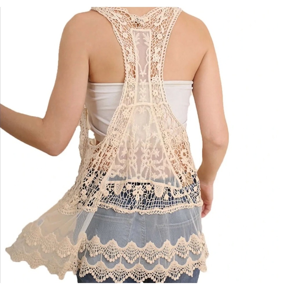 Anthropologie Pins & Needles Tank Small Ivory Lace Sheer Crochet Boho Festival - Picture 3 of 16